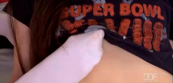  Naughty college babes fuck their stud in a superbowl threesome